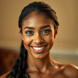A portrait of a woman with wheat-colored skin, featuring a small forehead and a mouth that is neither too big nor too small