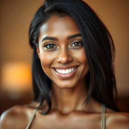 A portrait of a woman with wheat-colored skin, featuring a small forehead and a mouth that is neither too big nor too small