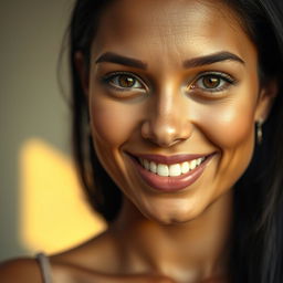 A portrait of a woman with wheat-colored skin, featuring a small forehead and a mouth that is neither too big nor too small