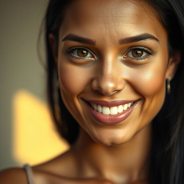 A portrait of a woman with wheat-colored skin, featuring a small forehead and a mouth that is neither too big nor too small