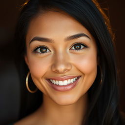 A portrait of a woman with wheat-colored skin, featuring a small forehead and a mouth that is neither too big nor too small