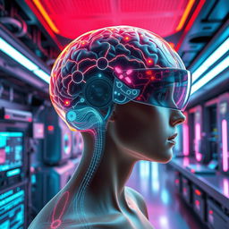 A futuristic, high-tech brain interface with glowing neural pathways, intricate circuit designs, and a translucent brain model displaying vibrant colors