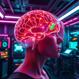 A futuristic, high-tech brain interface with glowing neural pathways, intricate circuit designs, and a translucent brain model displaying vibrant colors