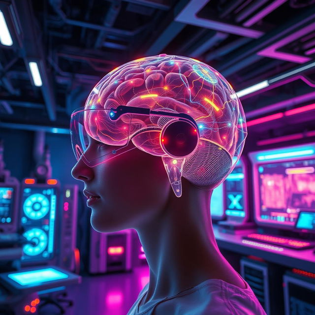 A futuristic, high-tech brain interface with glowing neural pathways, intricate circuit designs, and a translucent brain model displaying vibrant colors