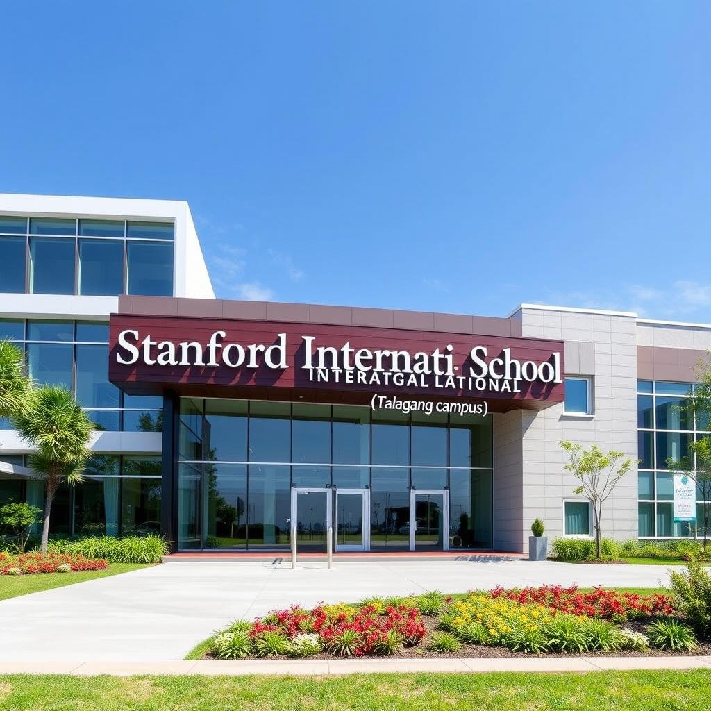 An elevation of a modern school building showcasing "Stanford International School (Talagang campus)" prominently on the front facade