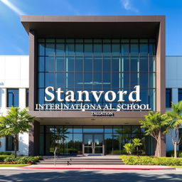 An elevation of a modern school building showcasing "Stanford International School (Talagang campus)" prominently on the front facade