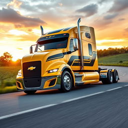 A striking semi-truck inspired by the design of a Chevrolet Camaro, featuring bold muscular lines and an aggressive stance
