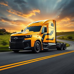 A striking semi-truck inspired by the design of a Chevrolet Camaro, featuring bold muscular lines and an aggressive stance
