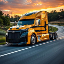 A striking semi-truck inspired by the design of a Chevrolet Camaro, featuring bold muscular lines and an aggressive stance