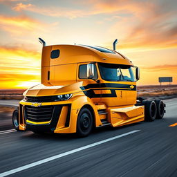 A powerful semi-truck inspired by the Chevrolet Camaro, featuring a design that blends the iconic elements of the muscle car with the functionality of a truck