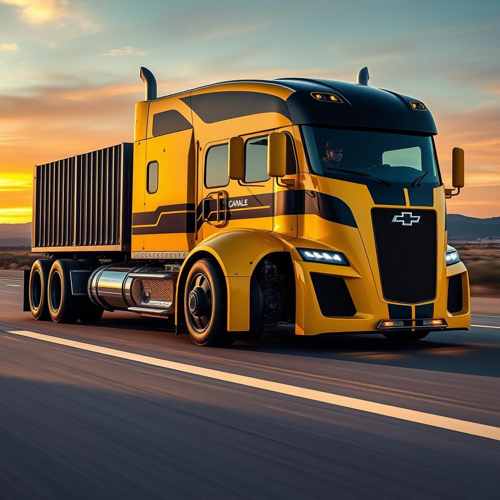 A powerful semi-truck inspired by the Chevrolet Camaro, featuring a design that blends the iconic elements of the muscle car with the functionality of a truck