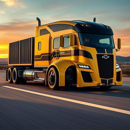 A powerful semi-truck inspired by the Chevrolet Camaro, featuring a design that blends the iconic elements of the muscle car with the functionality of a truck