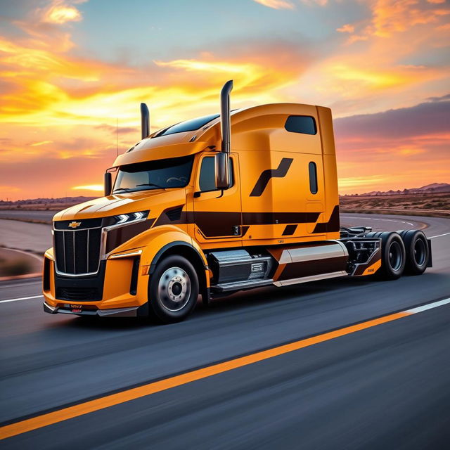 A powerful semi-truck inspired by the Chevrolet Camaro, featuring a design that blends the iconic elements of the muscle car with the functionality of a truck