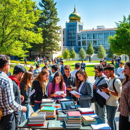 A vibrant and engaging scene depicting a student association for Information Science and Knowledge Studies at Shahid Beheshti University in Tehran