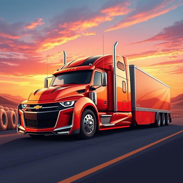 A vibrant and dynamic illustration of a Chevrolet Camaro transformed into a semi-truck, showcasing sleek lines and muscular curves, with the iconic Camaro front and grille seamlessly integrated into a powerful semi-truck body