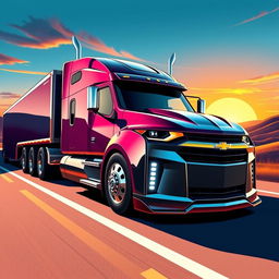 A vibrant and dynamic illustration of a Chevrolet Camaro transformed into a semi-truck, showcasing sleek lines and muscular curves, with the iconic Camaro front and grille seamlessly integrated into a powerful semi-truck body
