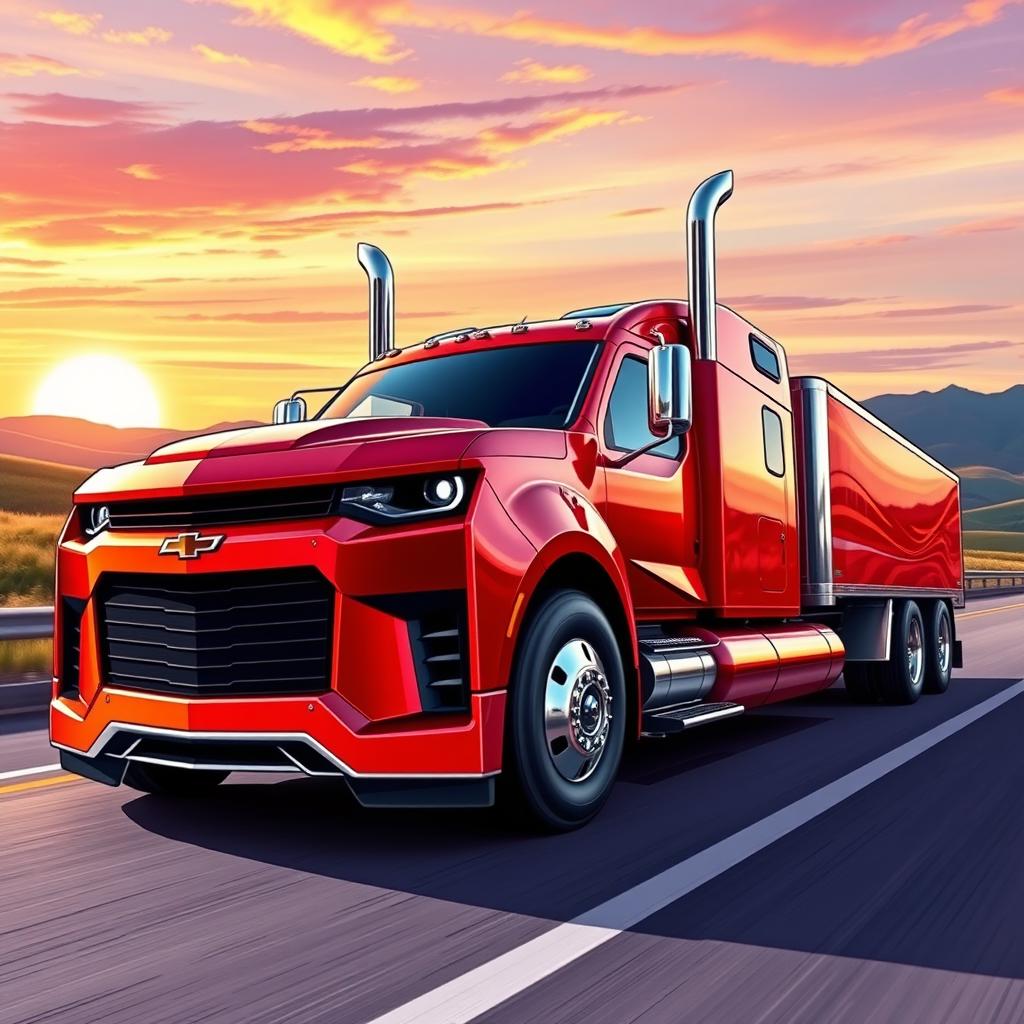 A vibrant and dynamic illustration of a Chevrolet Camaro transformed into a semi-truck, showcasing sleek lines and muscular curves, with the iconic Camaro front and grille seamlessly integrated into a powerful semi-truck body