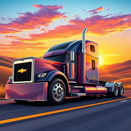 A vibrant and dynamic illustration of a Chevrolet Camaro transformed into a semi-truck, showcasing sleek lines and muscular curves, with the iconic Camaro front and grille seamlessly integrated into a powerful semi-truck body