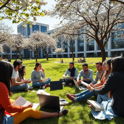 A vibrant campus scene at Shahid Beheshti University in Tehran, featuring a diverse group of university students actively engaging in discussions related to Information Science and Epistemology