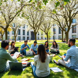 A vibrant campus scene at Shahid Beheshti University in Tehran, featuring a diverse group of university students actively engaging in discussions related to Information Science and Epistemology