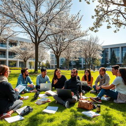 A vibrant campus scene at Shahid Beheshti University in Tehran, featuring a diverse group of university students actively engaging in discussions related to Information Science and Epistemology