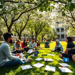 A vibrant campus scene at Shahid Beheshti University in Tehran, featuring a diverse group of university students actively engaging in discussions related to Information Science and Epistemology