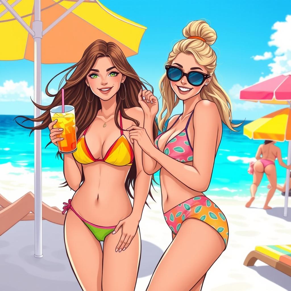 A vibrant and playful illustration featuring two young women at a lively beach party