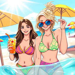 A vibrant and playful illustration featuring two young women at a lively beach party