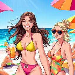 A vibrant and playful illustration featuring two young women at a lively beach party