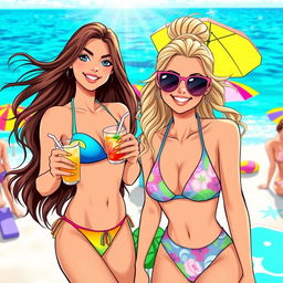 A vibrant and playful illustration featuring two young women at a lively beach party