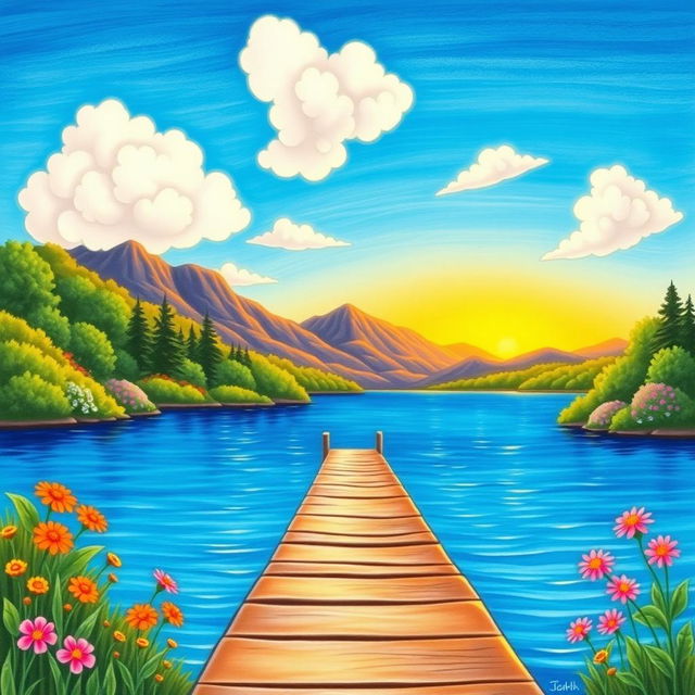 A vibrant and colorful drawing of a serene landscape, featuring a tranquil lake surrounded by lush greenery and blooming flowers