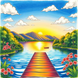 A vibrant and colorful drawing of a serene landscape, featuring a tranquil lake surrounded by lush greenery and blooming flowers