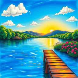 A vibrant and colorful drawing of a serene landscape, featuring a tranquil lake surrounded by lush greenery and blooming flowers