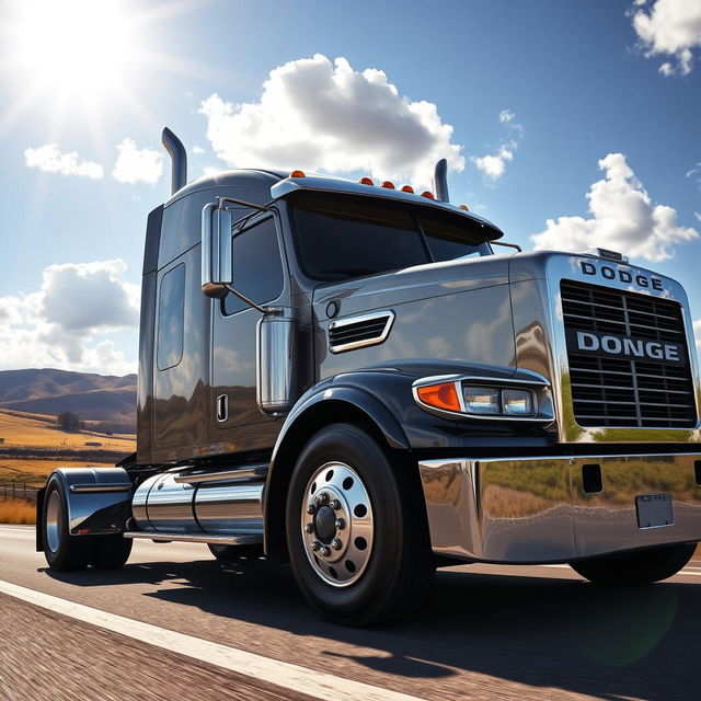 A Dodge semi-truck with a shiny chrome finish, showcasing its powerful and robust design