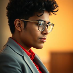 A close-up portrait of a person in the left corner, wearing a vibrant red shirt and an ash-colored blazer with sleek design