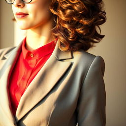 A close-up portrait of a person in the left corner, wearing a vibrant red shirt and an ash-colored blazer with sleek design