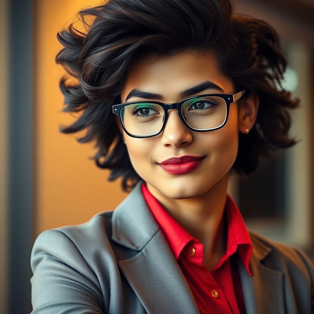 A close-up portrait of a person in the left corner, wearing a vibrant red shirt and an ash-colored blazer with sleek design