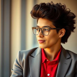A close-up portrait of a person in the left corner, wearing a vibrant red shirt and an ash-colored blazer with sleek design