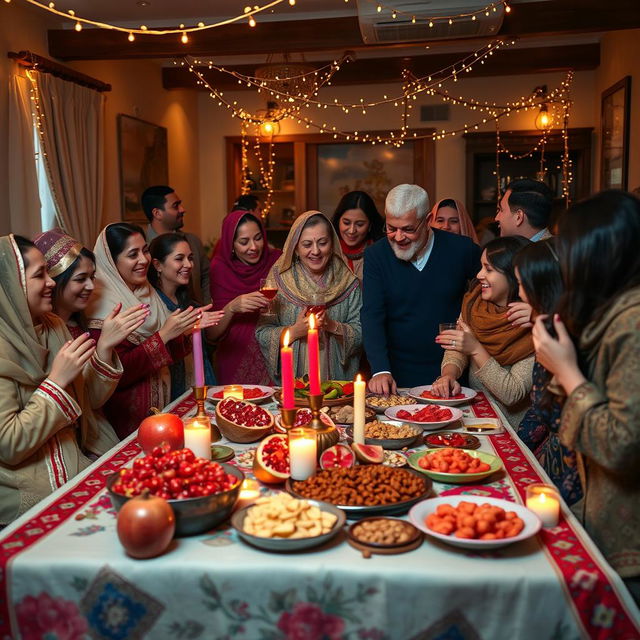 A vibrant and festive celebration scene showcasing Yalda Night, featuring a beautifully arranged traditional table with pomegranates, watermelon, nuts, and sweets