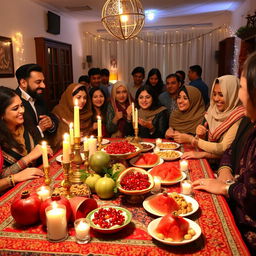 A vibrant and festive celebration scene showcasing Yalda Night, featuring a beautifully arranged traditional table with pomegranates, watermelon, nuts, and sweets