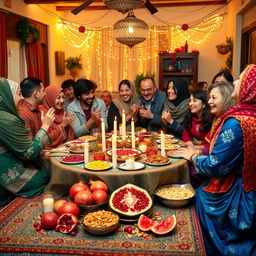 A vibrant and festive celebration scene showcasing Yalda Night, featuring a beautifully arranged traditional table with pomegranates, watermelon, nuts, and sweets