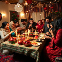 A vibrant and festive celebration scene showcasing Yalda Night, featuring a beautifully arranged traditional table with pomegranates, watermelon, nuts, and sweets