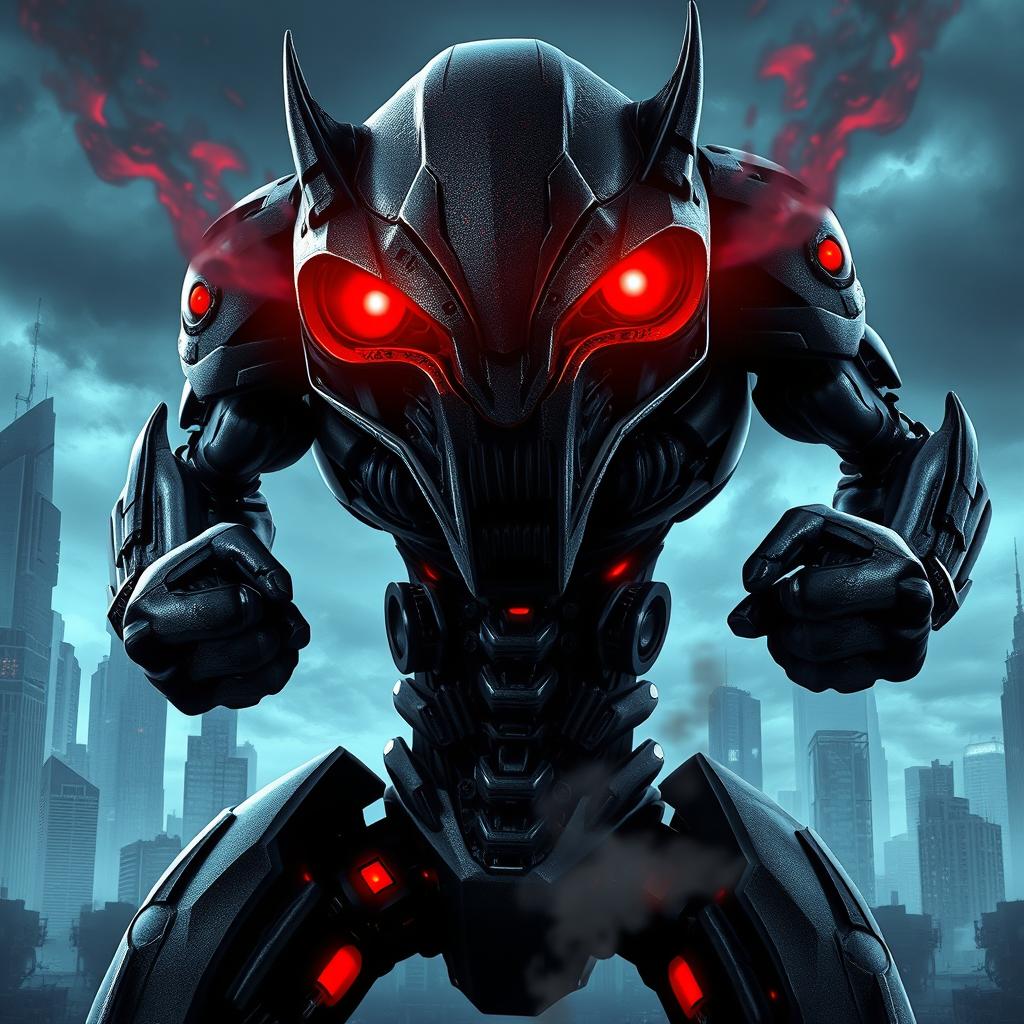 A highly detailed rendering of an angry robot, featuring sharp metallic features and glowing red eyes expressing anger