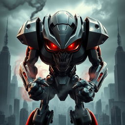 A highly detailed rendering of an angry robot, featuring sharp metallic features and glowing red eyes expressing anger