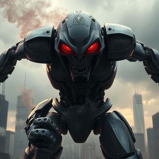 A highly detailed rendering of an angry robot, featuring sharp metallic features and glowing red eyes expressing anger