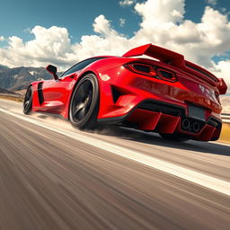 A high-performance sports car speeding on a scenic highway, showcasing its sleek lines and aerodynamic design