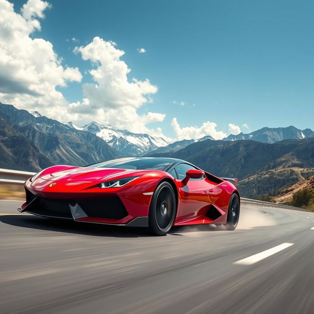 A high-performance sports car speeding on a scenic highway, showcasing its sleek lines and aerodynamic design