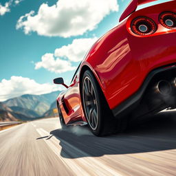 A high-performance sports car speeding on a scenic highway, showcasing its sleek lines and aerodynamic design