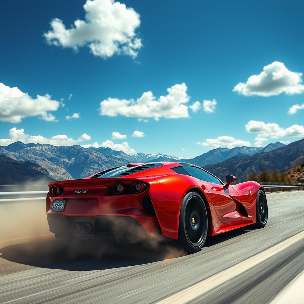 A high-performance sports car speeding on a scenic highway, showcasing its sleek lines and aerodynamic design