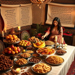 A beautiful Yalda Night celebration featuring a lavish spread of fruits, nuts, and Persian sweets on an elegantly decorated table